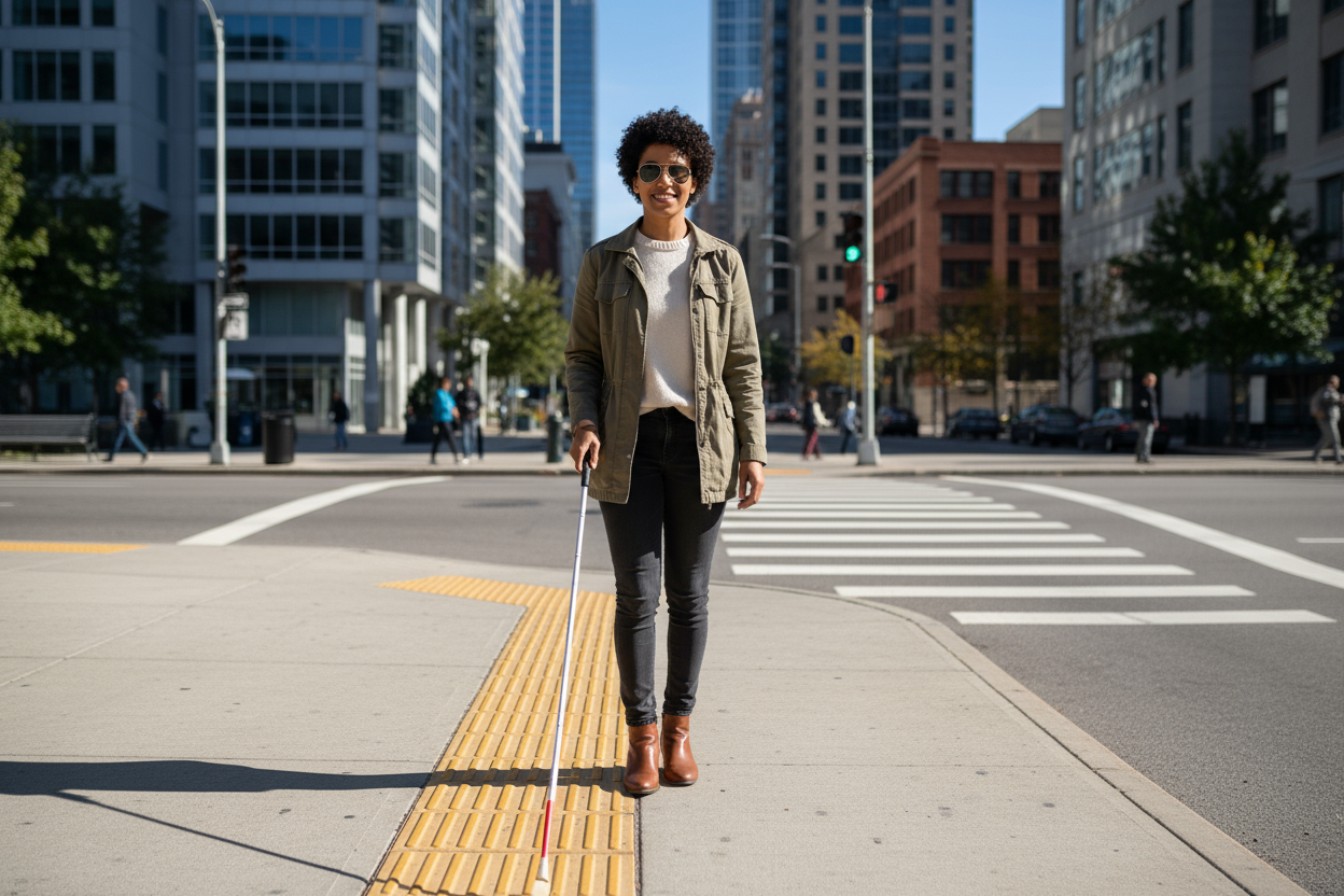 a blind person on the street trying to navigate 